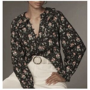 Anthropologie Pilcro Keira Collared Button-Front Blouse Black Floral Size S